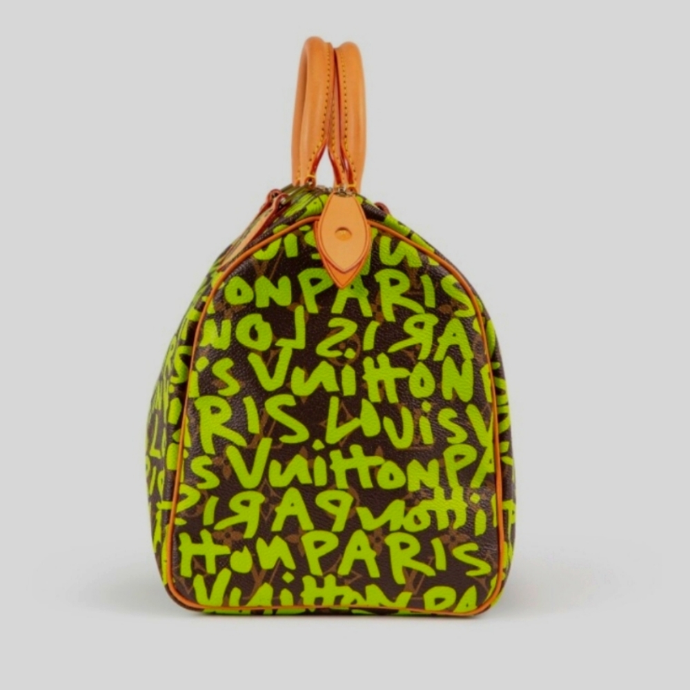 LOUIS VUITTON X Stephen Spriuse Monogram Graffiti Speedy 30 neon green LV bag - Picture 2 of 16